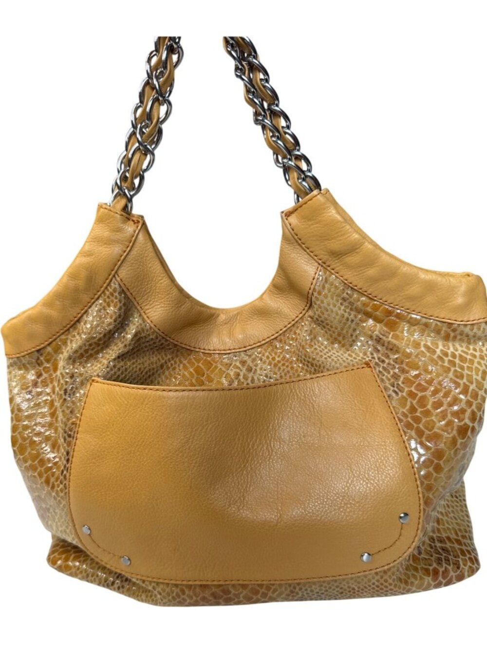 Adrienne Vittadini Yellow Faux Snakeskin Leather Tote Bag W/ Chain-Strap